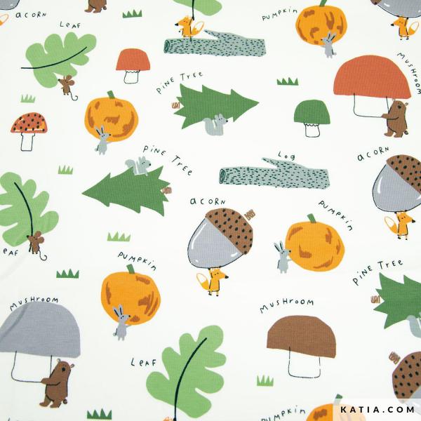 Baumwolljersey mit Waldtierchen und Waldmotiven auf Ecru